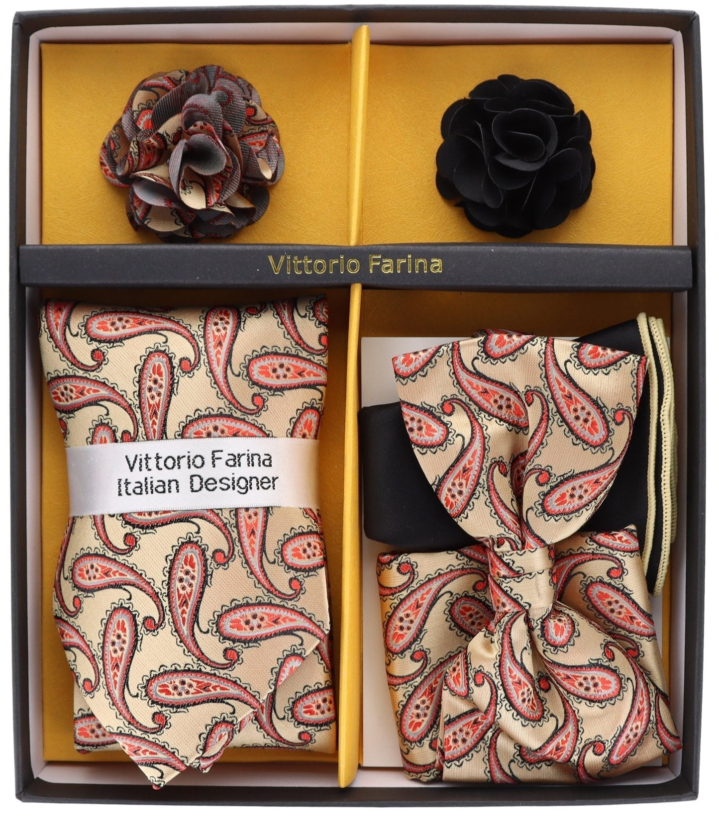 Vittorio Farina Men's Design Necktie, Bow Tie, Pocket Squares and Flower Lapel Pin in a Gift Box