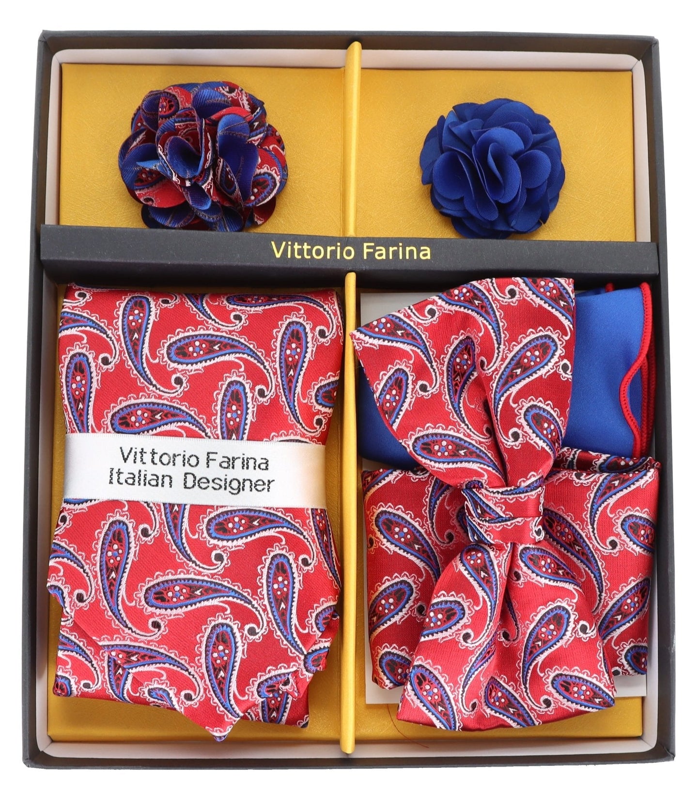 Vittorio Farina Men's Design Necktie, Bow Tie, Pocket Squares and Flower Lapel Pin in a Gift Box