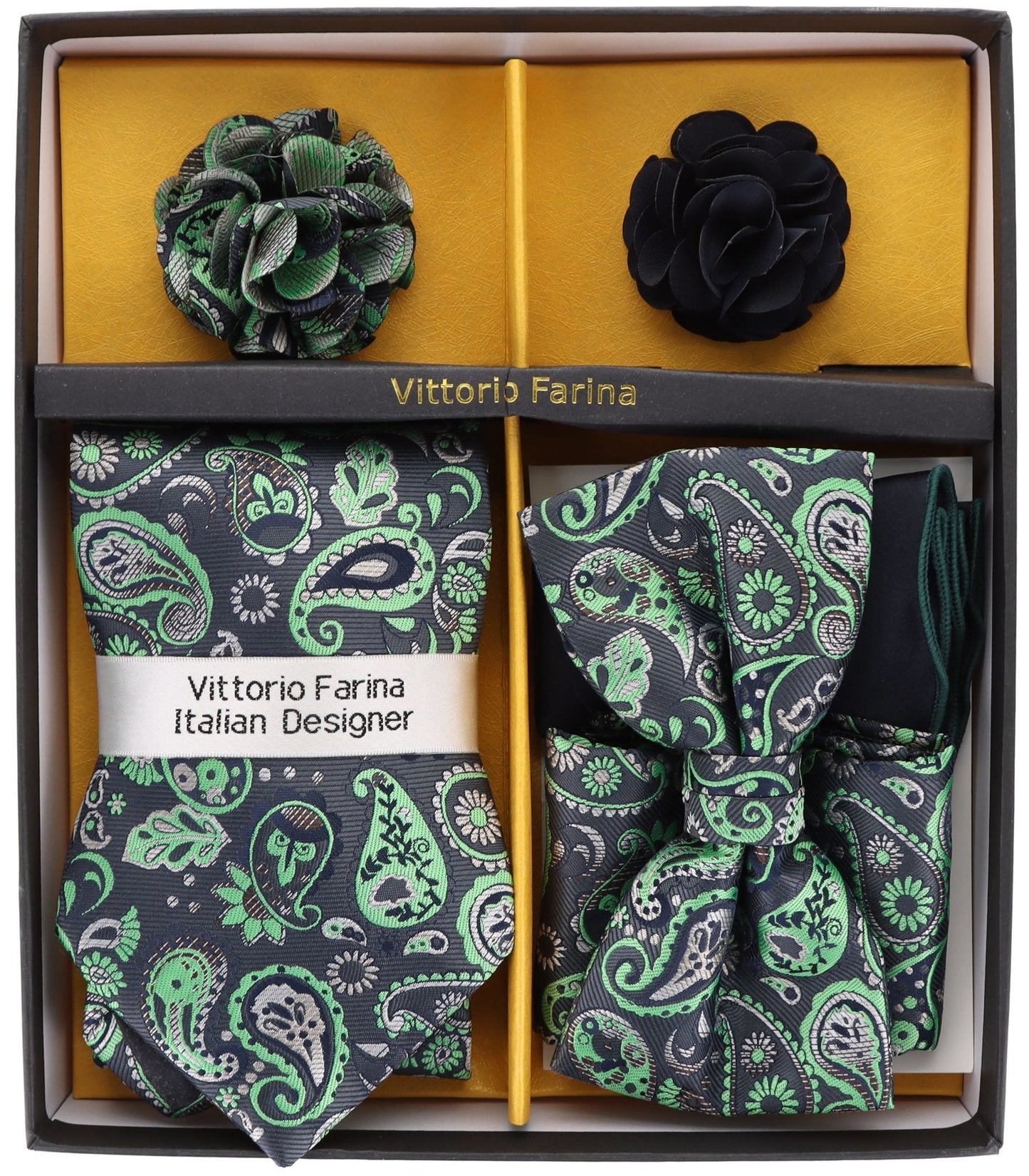 Vittorio Farina Men's Design Necktie, Bow Tie, Pocket Squares and Flower Lapel Pin in a Gift Box