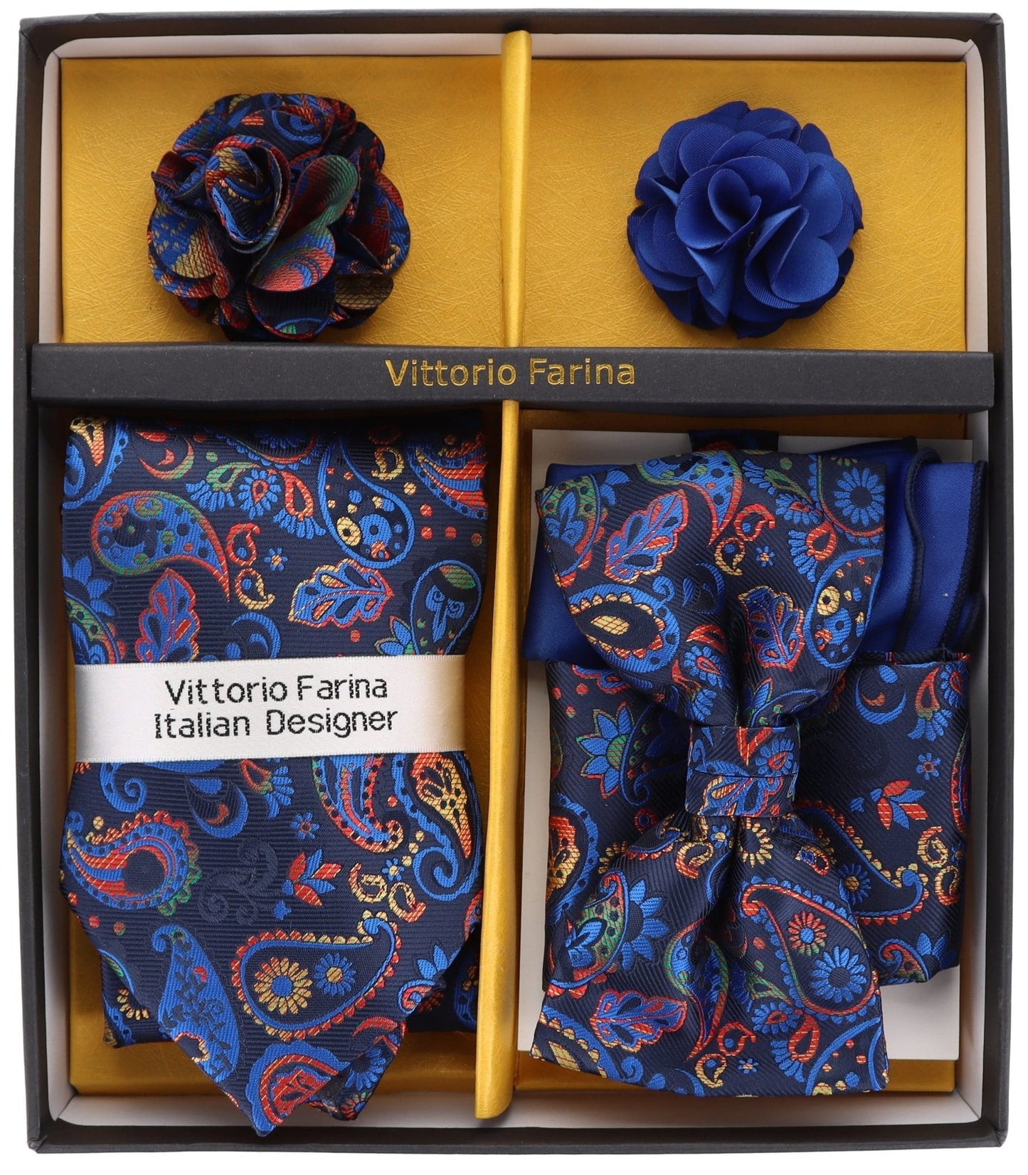 Vittorio Farina Men's Design Necktie, Bow Tie, Pocket Squares and Flower Lapel Pin in a Gift Box