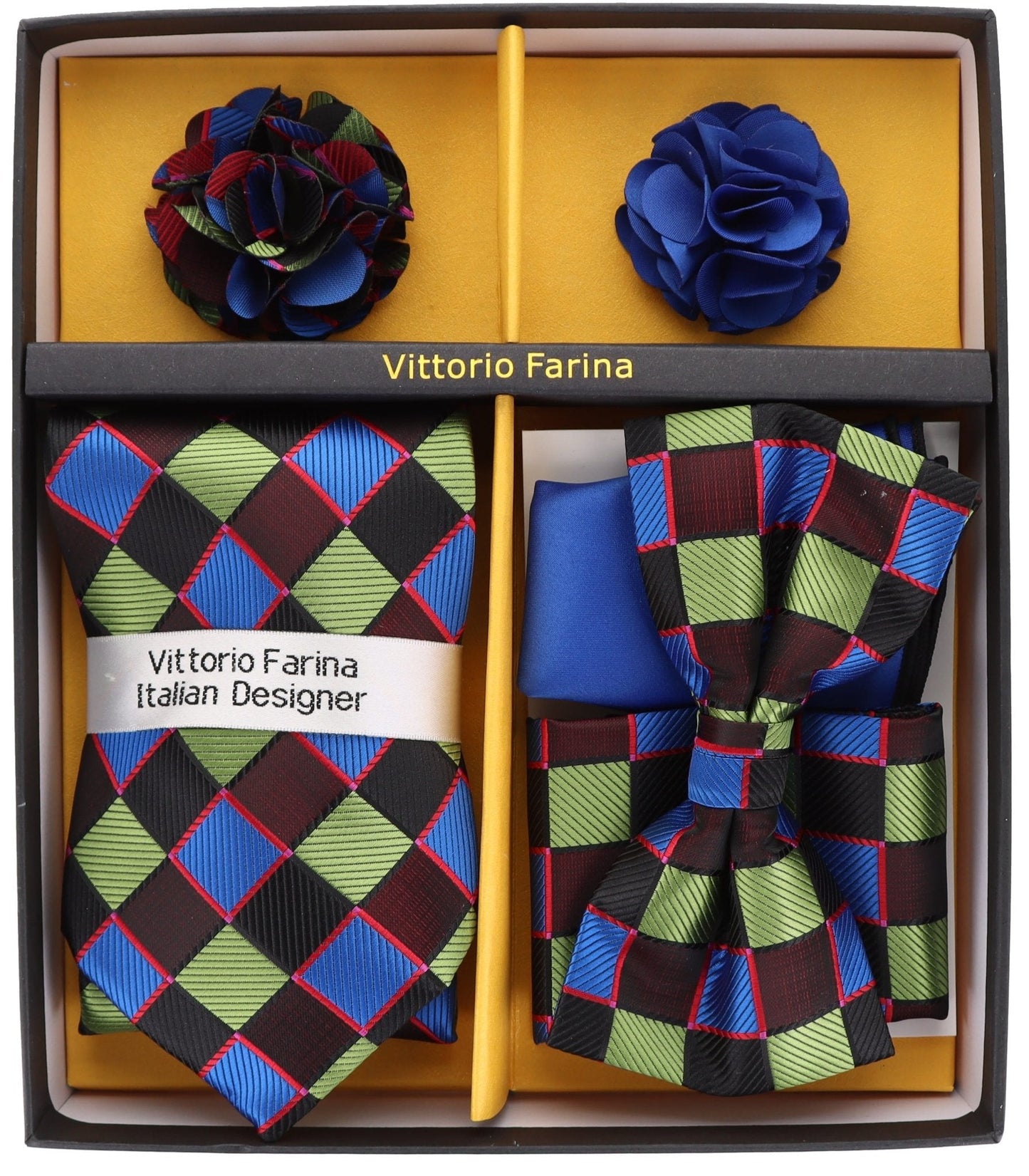 Vittorio Farina Men's Design Necktie, Bow Tie, Pocket Squares and Flower Lapel Pin in a Gift Box