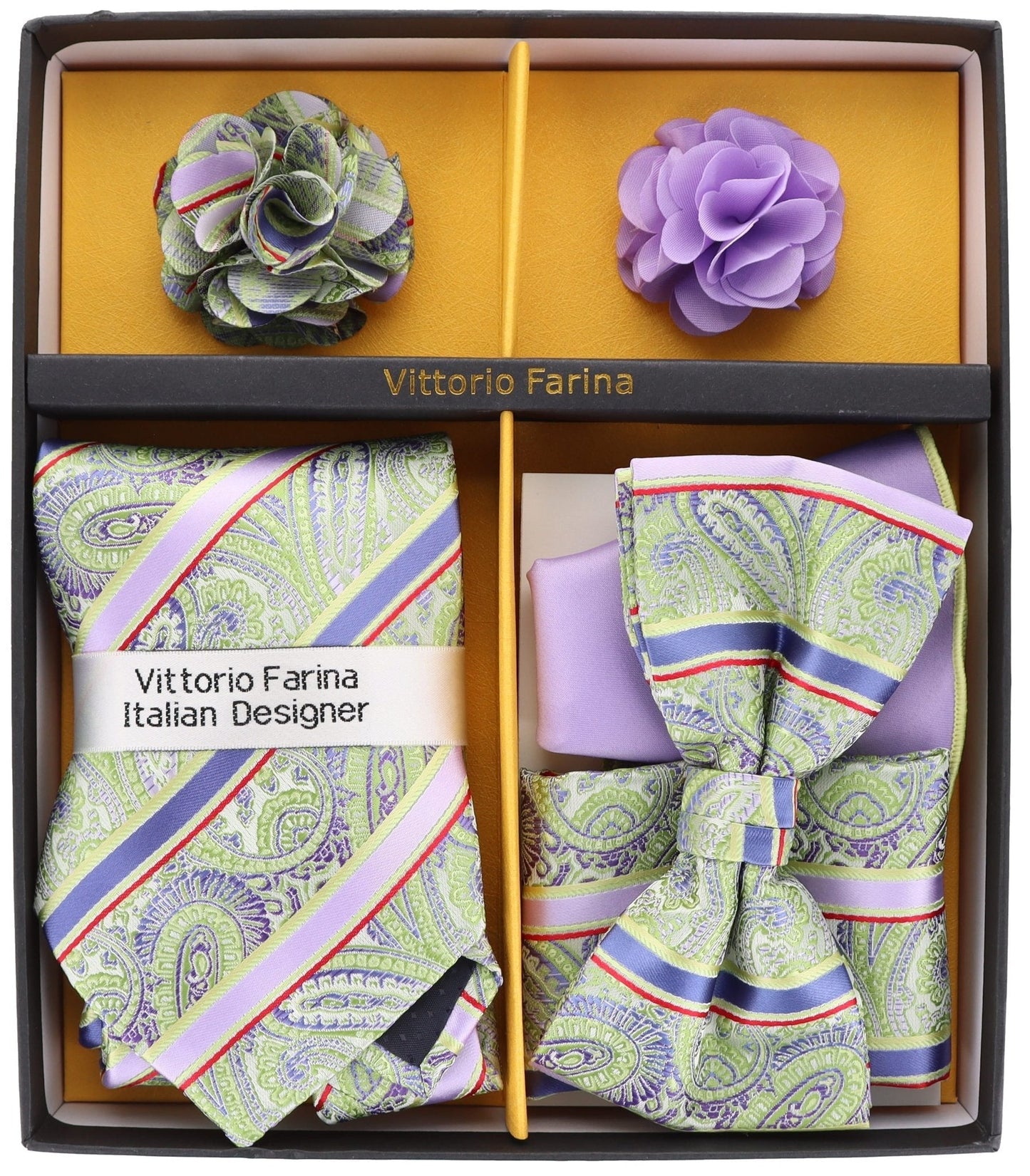 Vittorio Farina Men's Design Necktie, Bow Tie, Pocket Squares and Flower Lapel Pin in a Gift Box