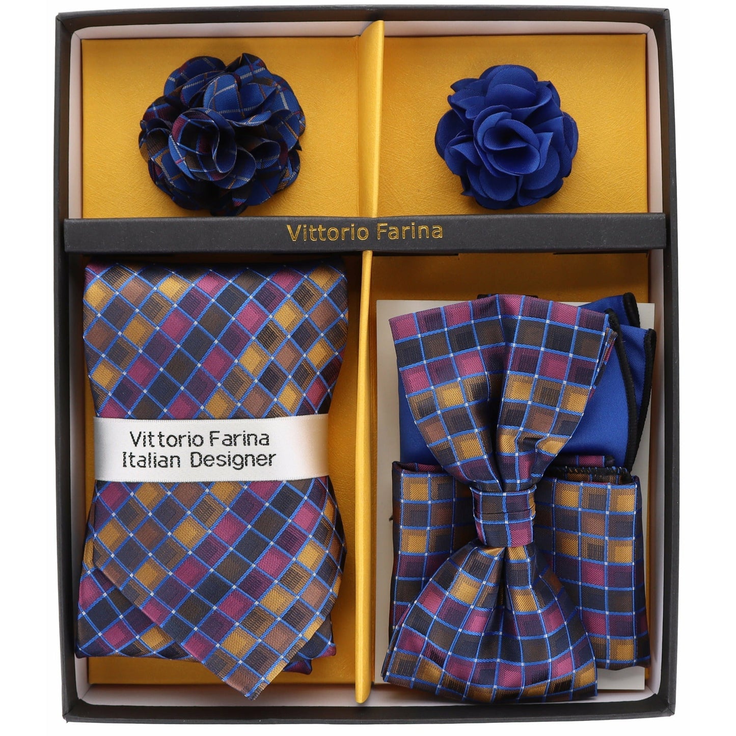 Vittorio Farina Men's Design Necktie, Bow Tie, Pocket Squares and Flower Lapel Pin in a Gift Box