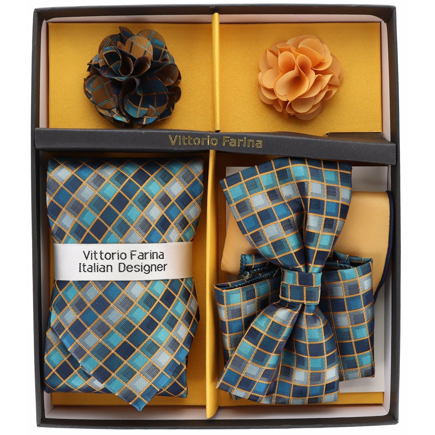 Vittorio Farina Men's Design Necktie, Bow Tie, Pocket Squares and Flower Lapel Pin in a Gift Box