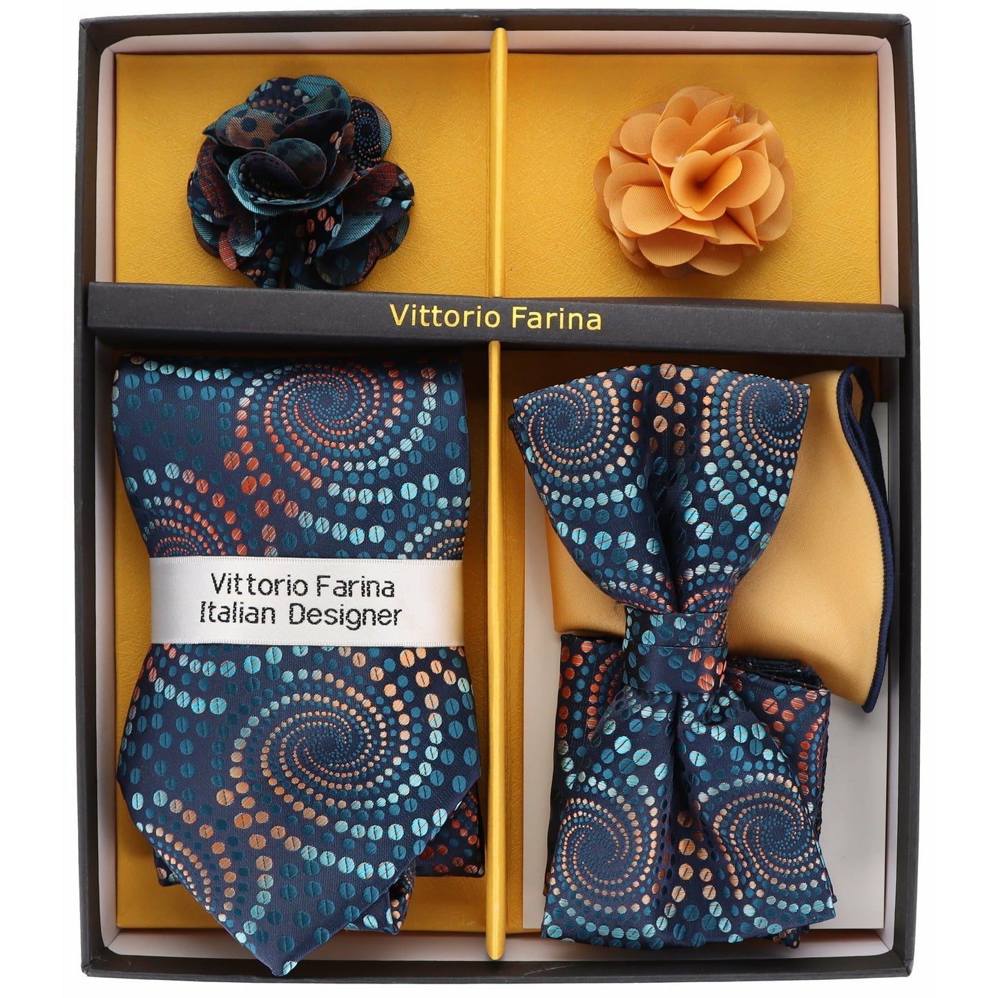 Vittorio Farina Men's Design Necktie, Bow Tie, Pocket Squares and Flower Lapel Pin in a Gift Box