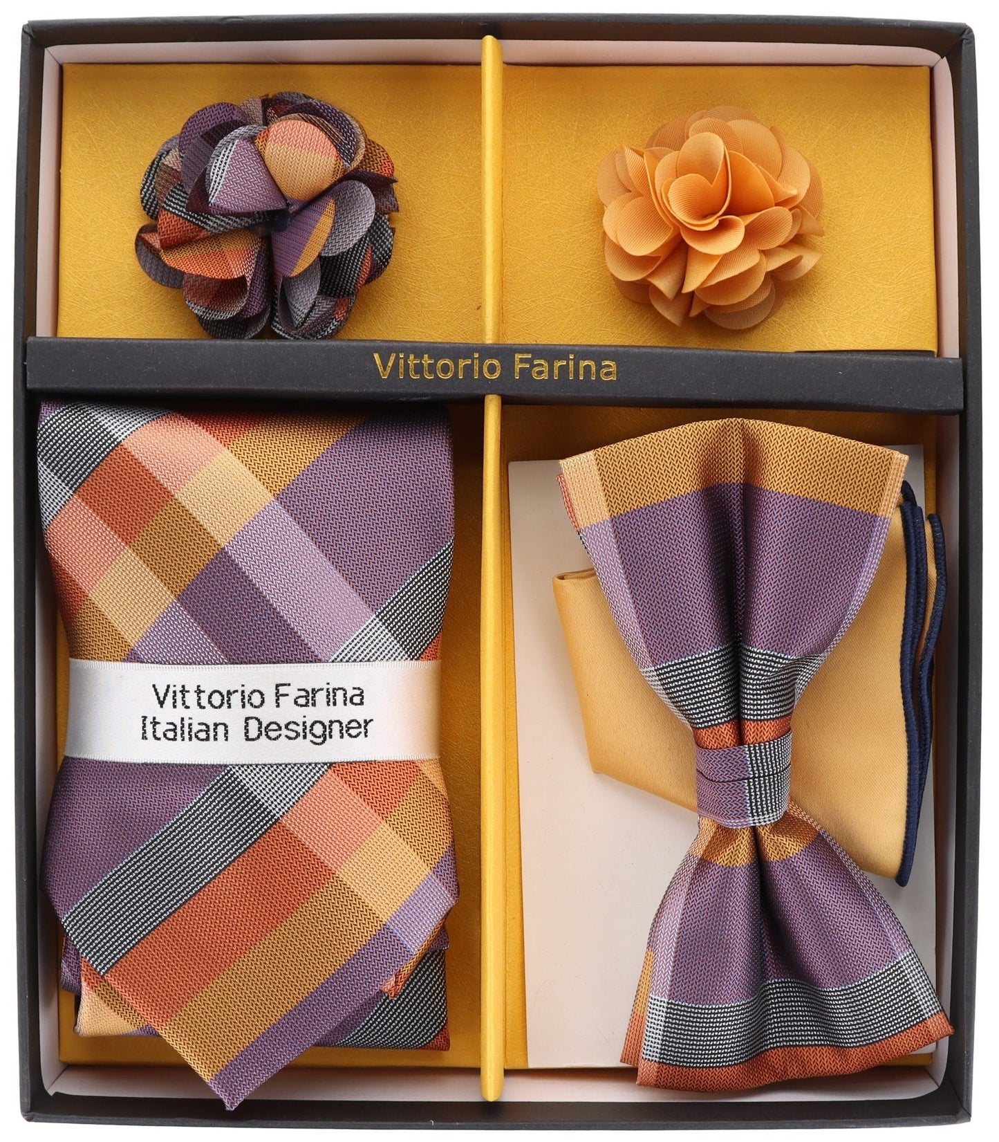 Vittorio Farina Men's Design Necktie, Bow Tie, Pocket Squares and Flower Lapel Pin in a Gift Box