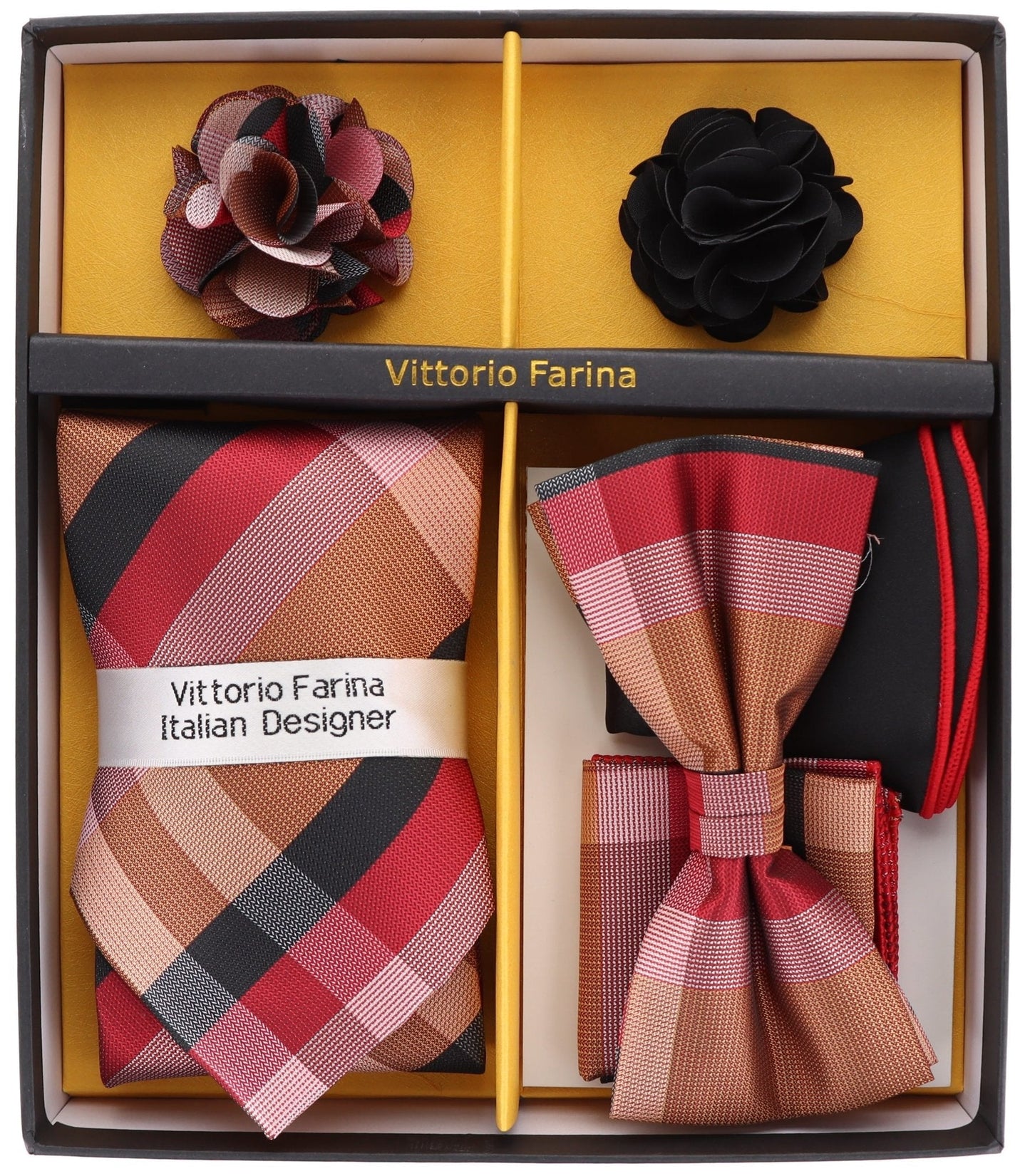 Vittorio Farina Men's Design Necktie, Bow Tie, Pocket Squares and Flower Lapel Pin in a Gift Box
