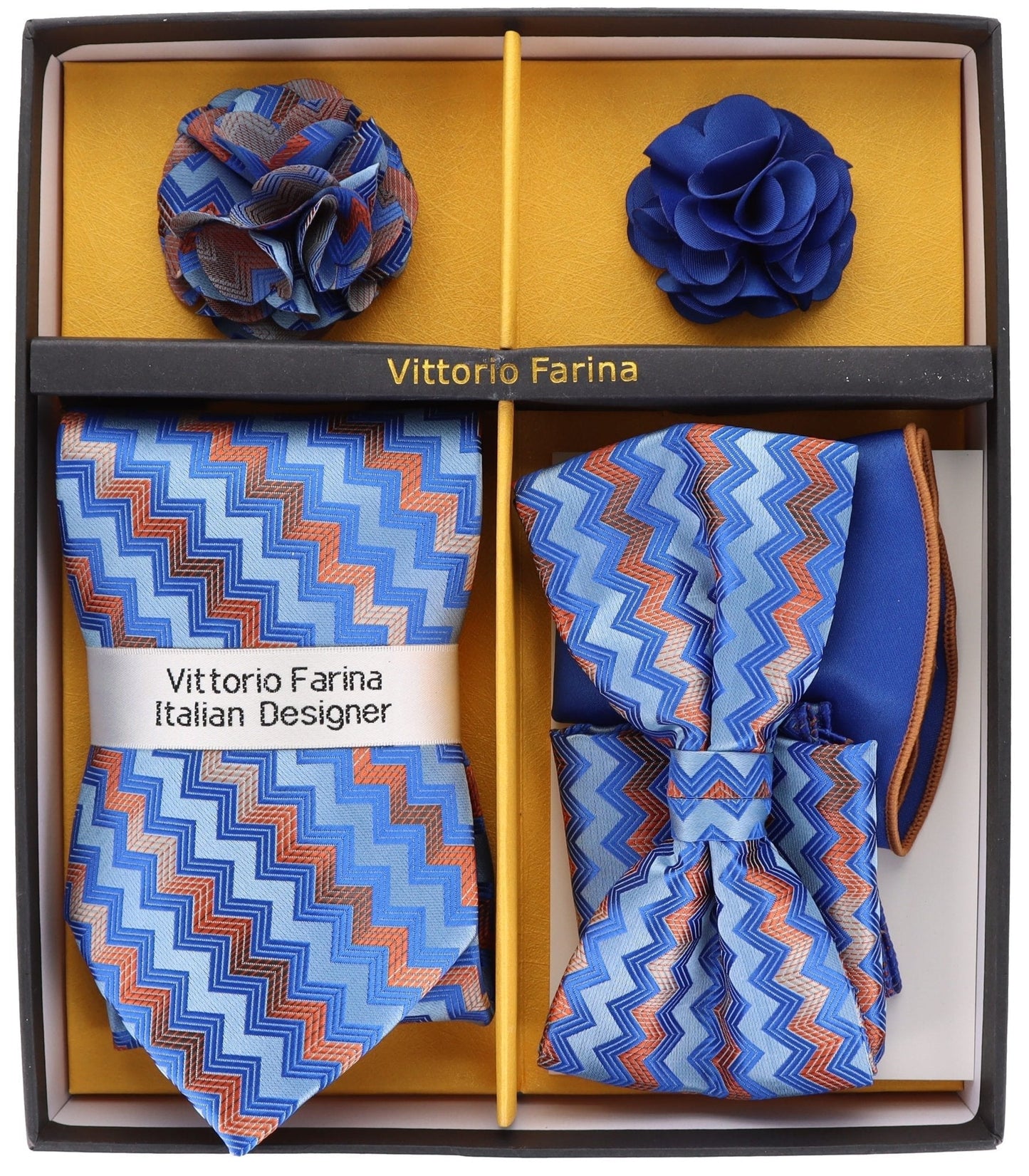Vittorio Farina Men's Design Necktie, Bow Tie, Pocket Squares and Flower Lapel Pin in a Gift Box