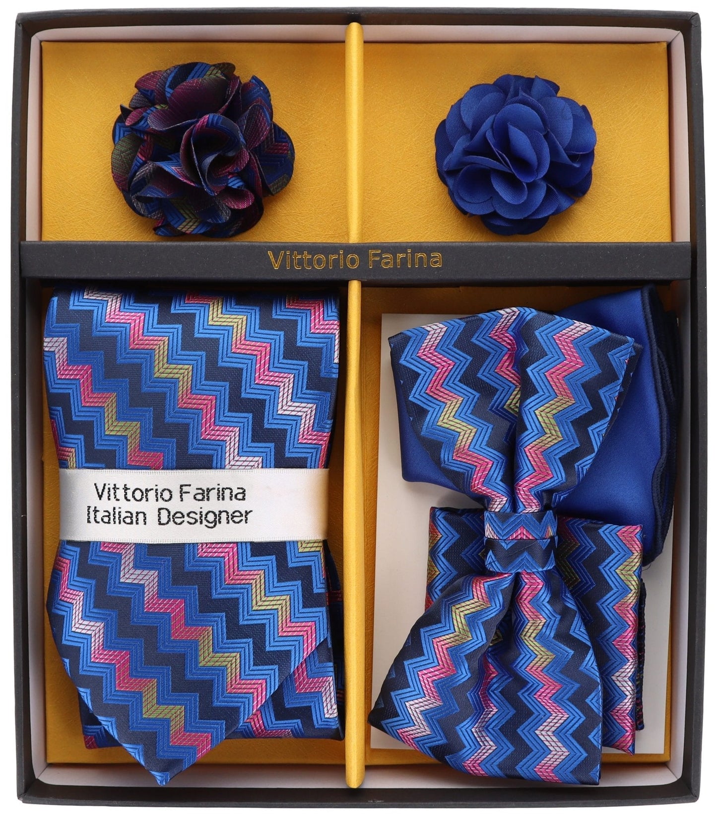 Vittorio Farina Men's Design Necktie, Bow Tie, Pocket Squares and Flower Lapel Pin in a Gift Box