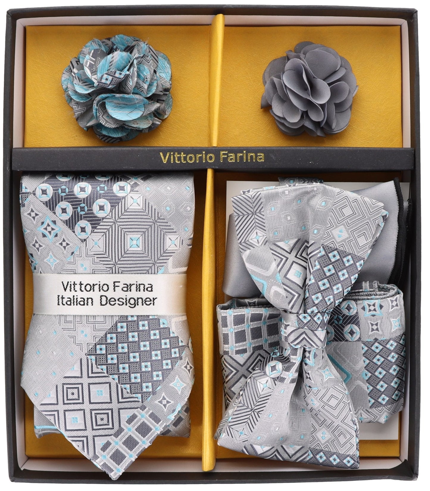 Vittorio Farina Men's Design Necktie, Bow Tie, Pocket Squares and Flower Lapel Pin in a Gift Box