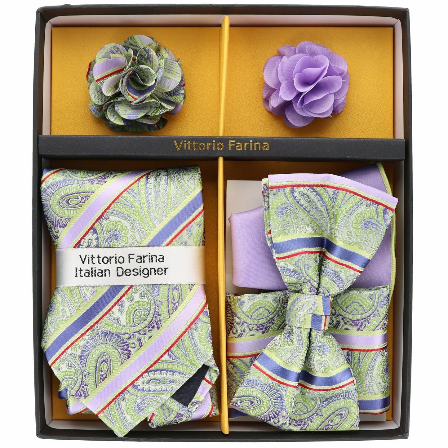 Vittorio Farina Men's Design Necktie, Bow Tie, Pocket Squares and Flower Lapel Pin in a Gift Box