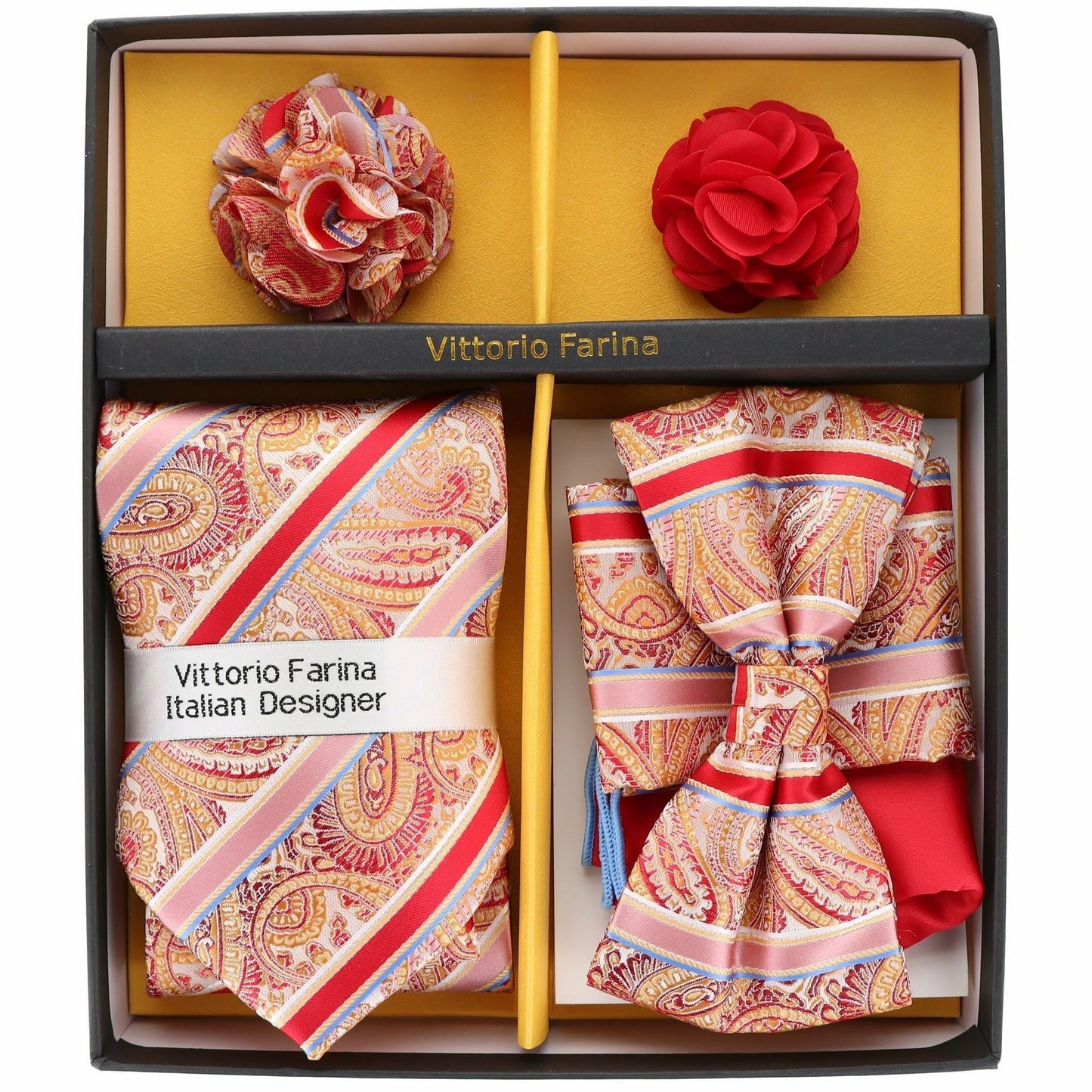 Vittorio Farina Men's Design Necktie, Bow Tie, Pocket Squares and Flower Lapel Pin in a Gift Box