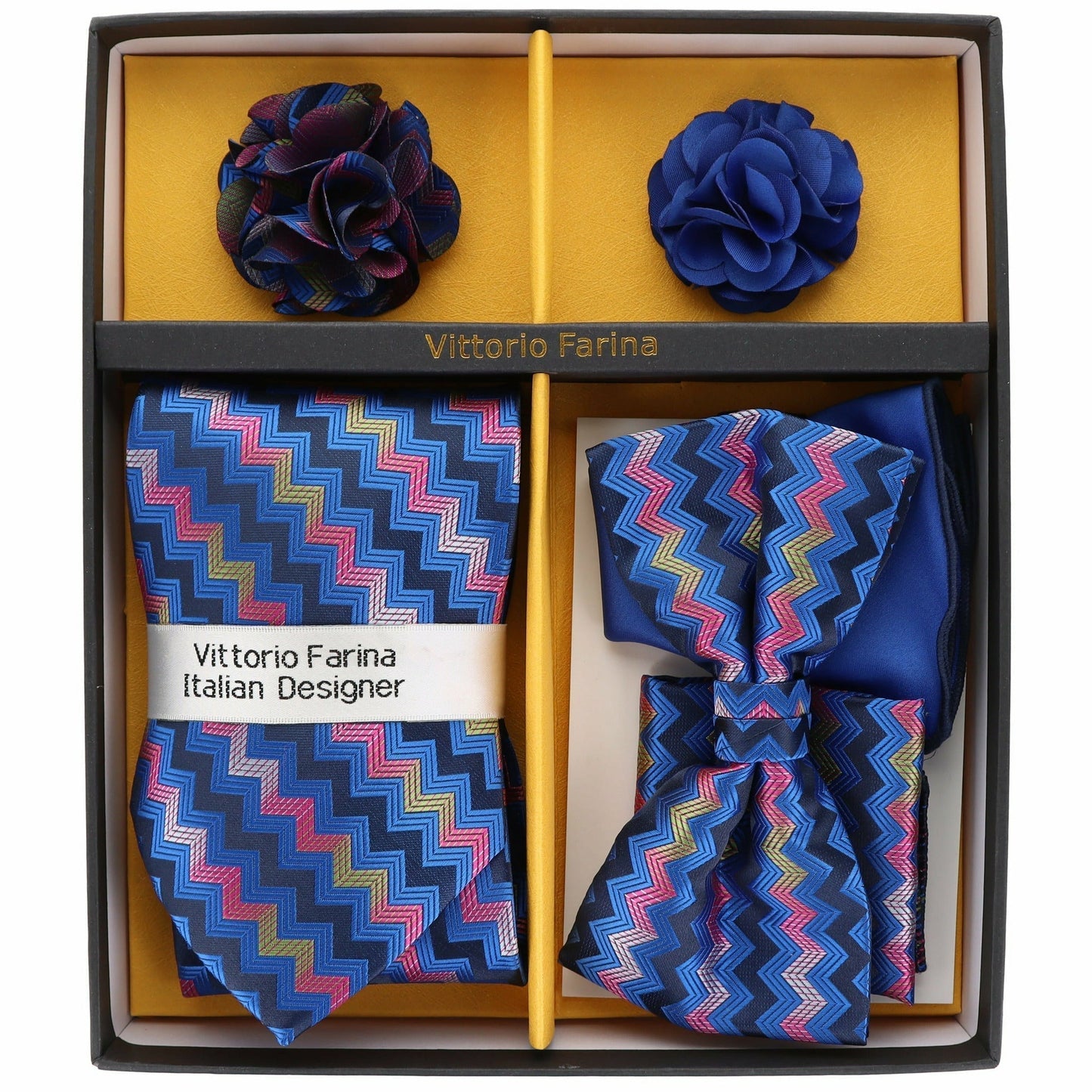 Vittorio Farina Men's Design Necktie, Bow Tie, Pocket Squares and Flower Lapel Pin in a Gift Box