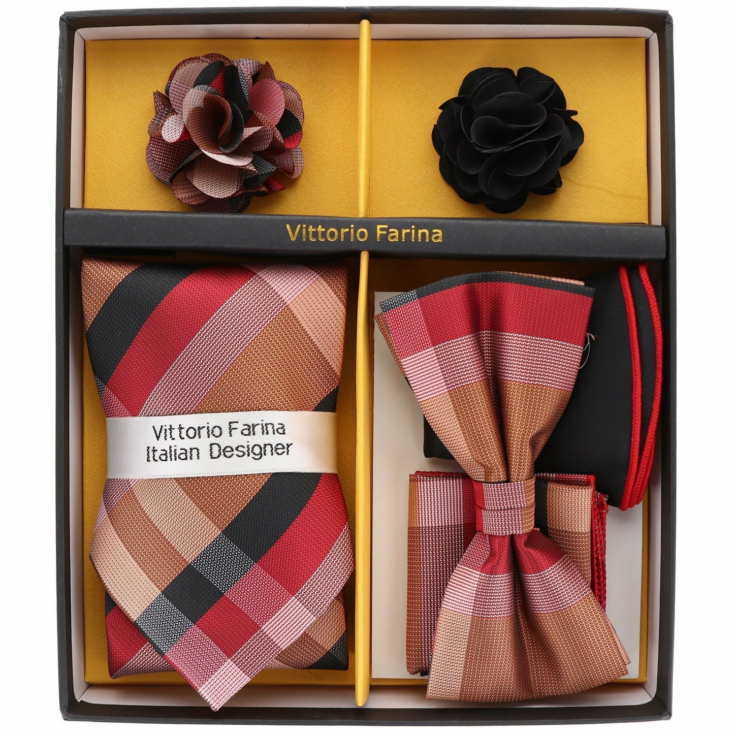 Vittorio Farina Men's Design Necktie, Bow Tie, Pocket Squares and Flower Lapel Pin in a Gift Box