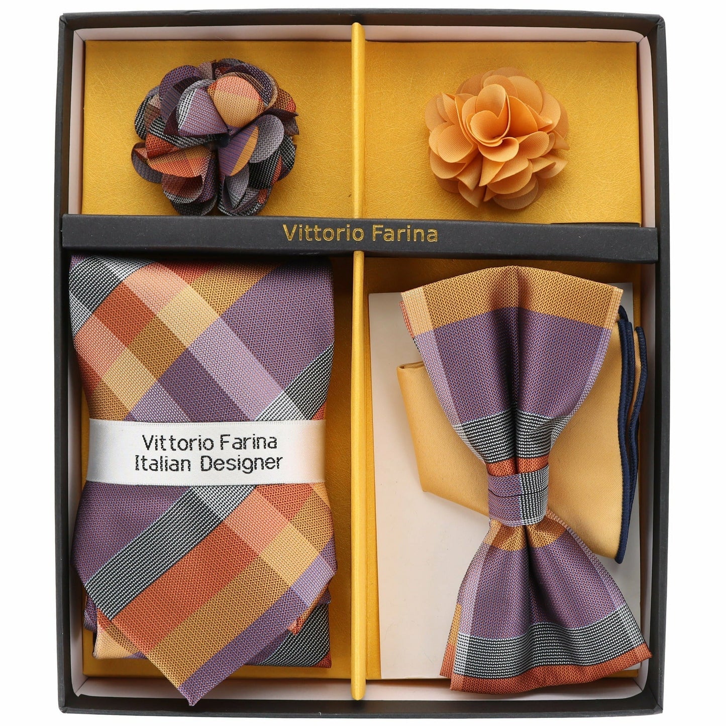 Vittorio Farina Men's Design Necktie, Bow Tie, Pocket Squares and Flower Lapel Pin in a Gift Box