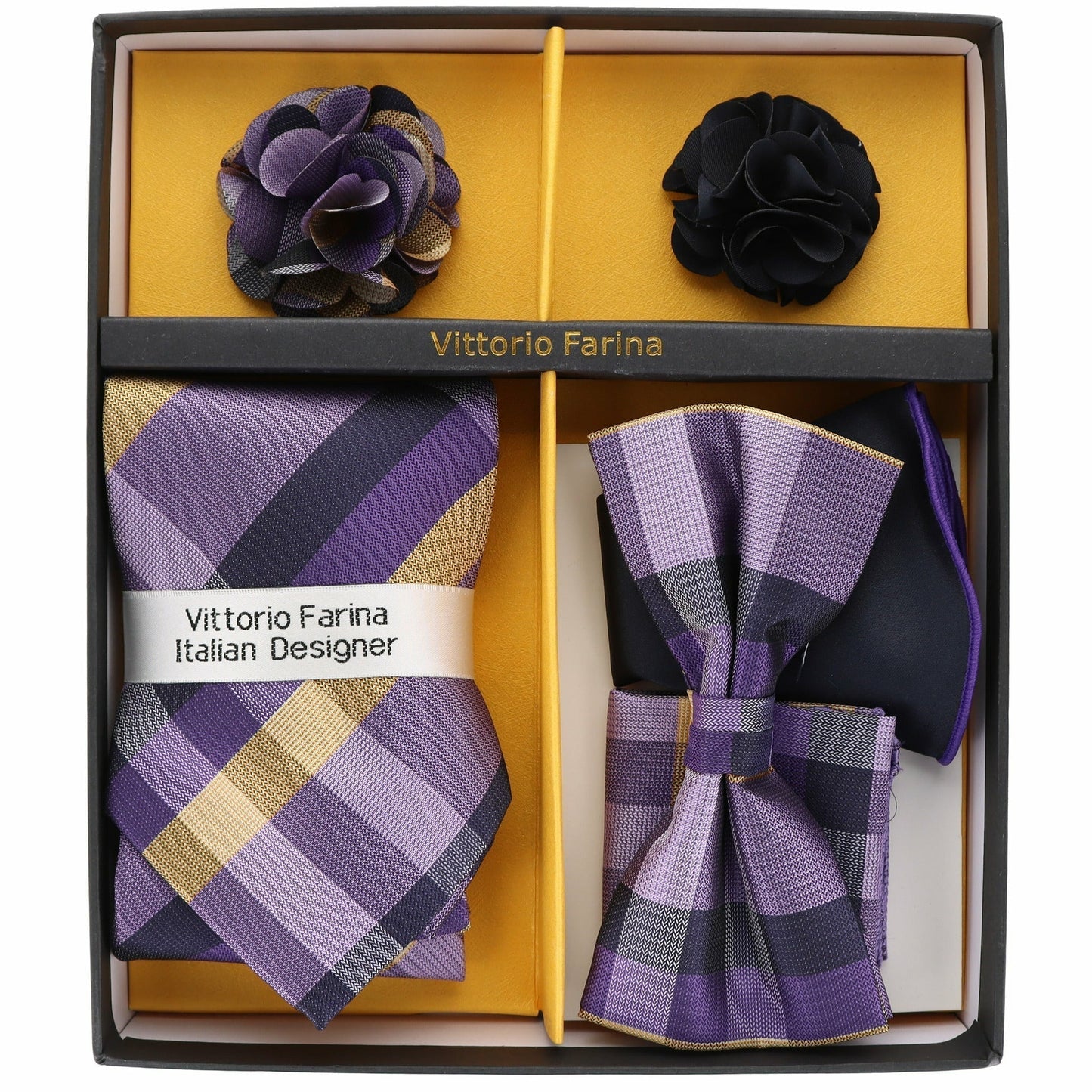 Vittorio Farina Men's Design Necktie, Bow Tie, Pocket Squares and Flower Lapel Pin in a Gift Box