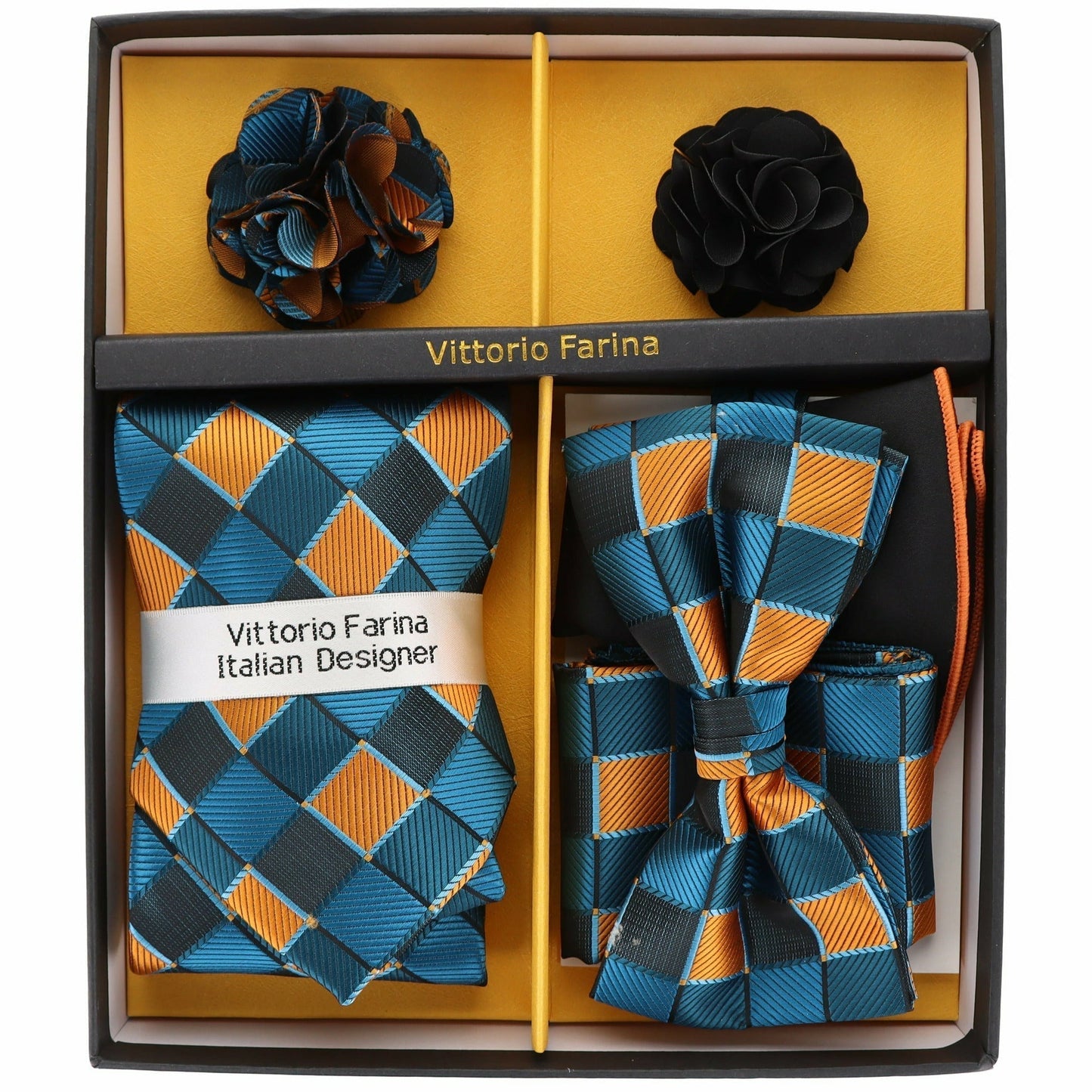 Vittorio Farina Men's Design Necktie, Bow Tie, Pocket Squares and Flower Lapel Pin in a Gift Box
