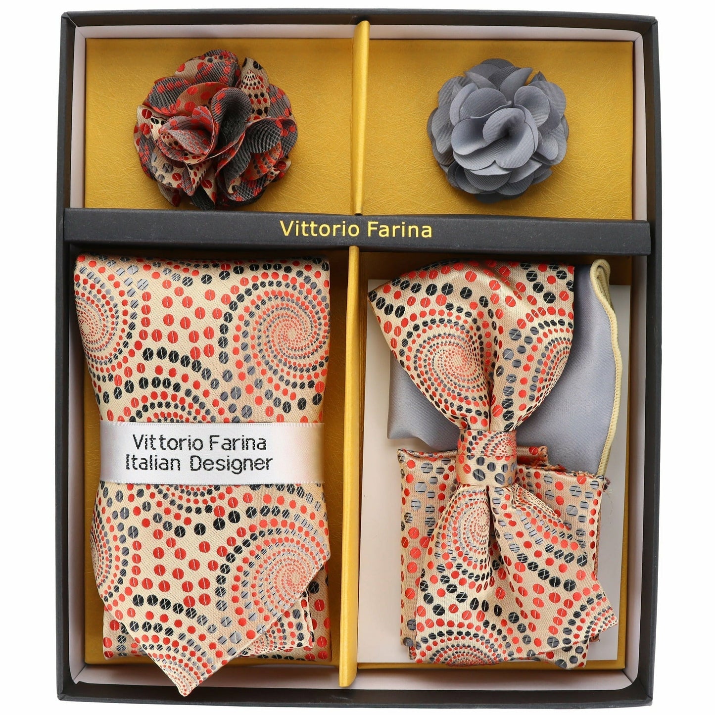 Vittorio Farina Men's Design Necktie, Bow Tie, Pocket Squares and Flower Lapel Pin in a Gift Box