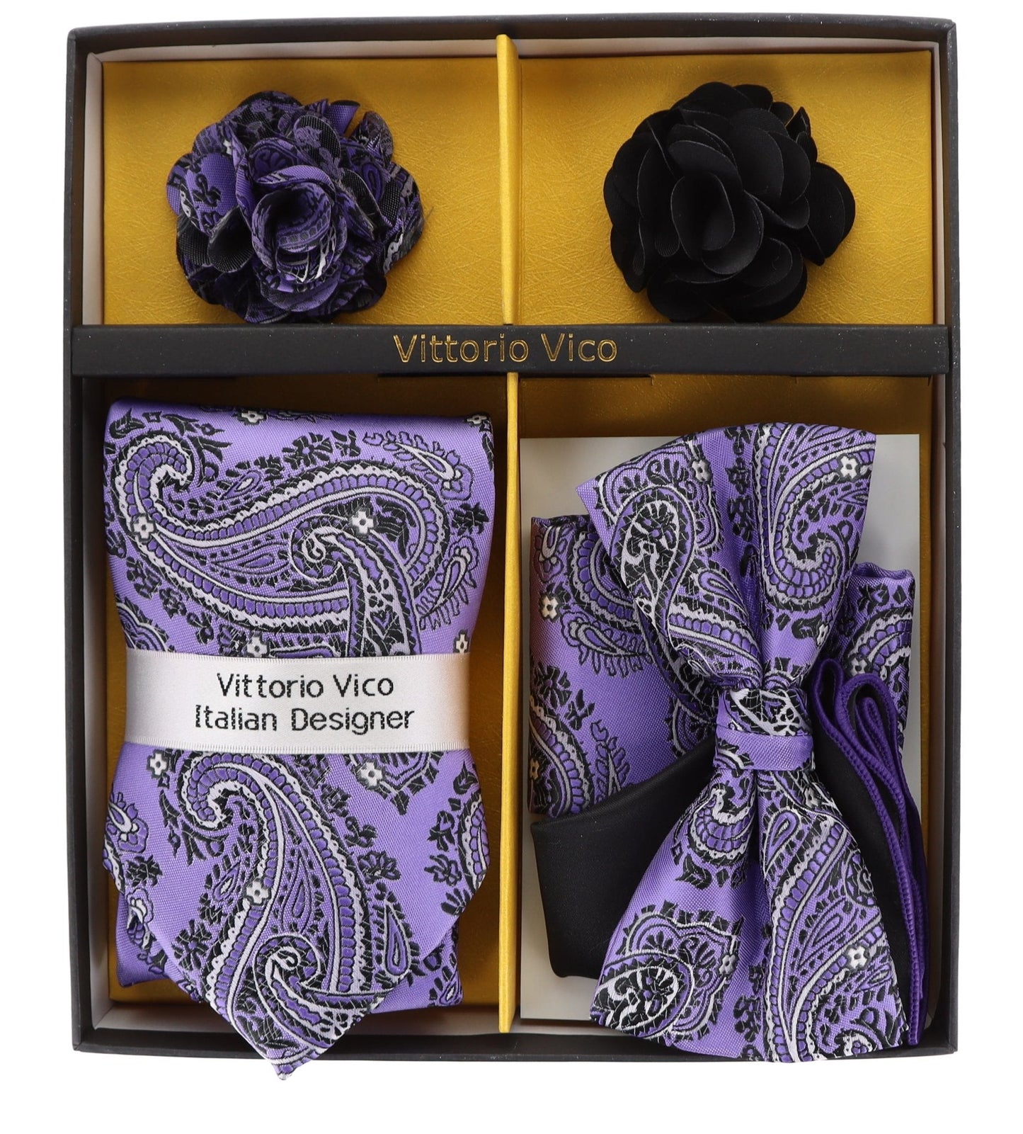Vittorio Farina Men's Design Necktie, Bow Tie, Pocket Squares and Flower Lapel Pin in a Gift Box