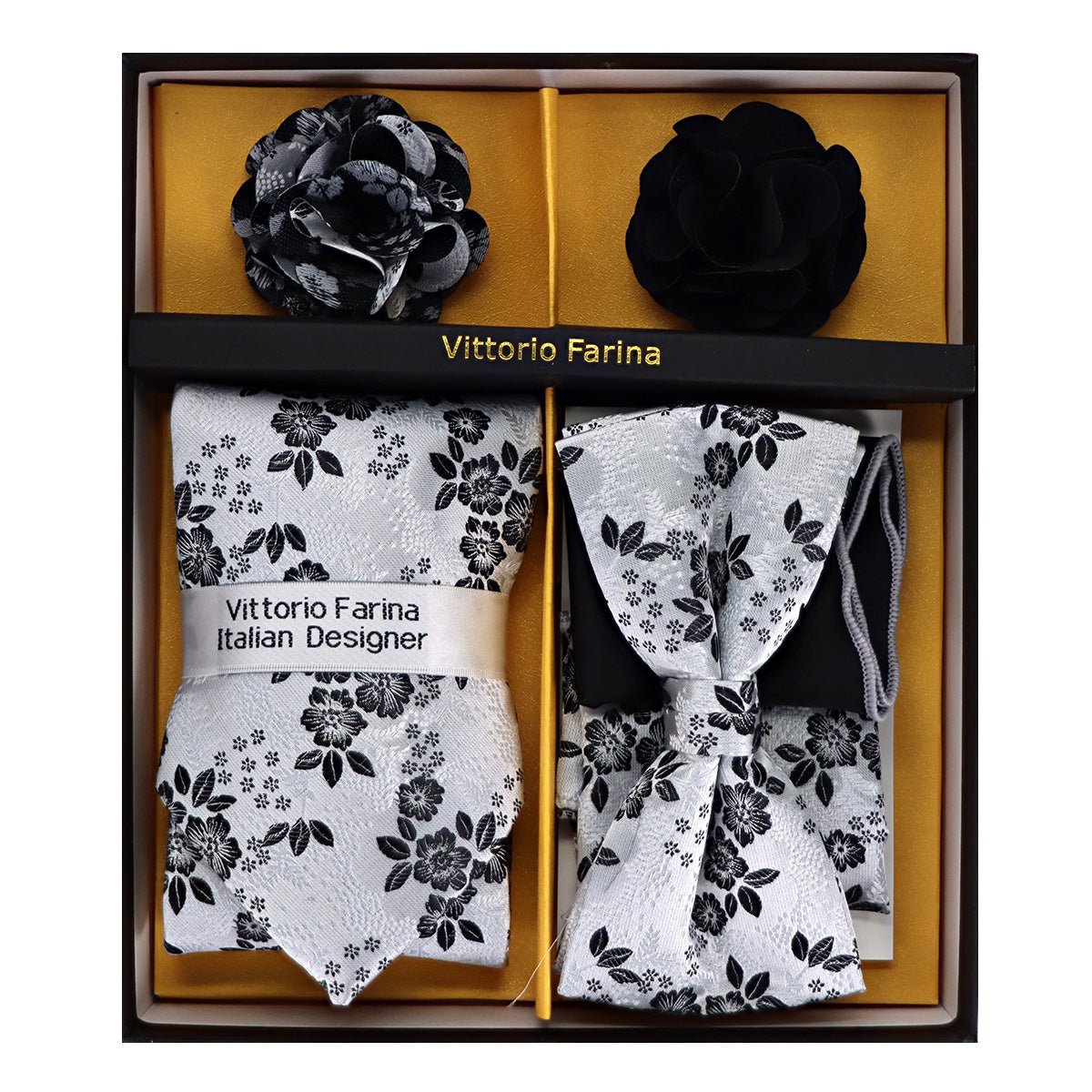 Vittorio Farina Men's Design Necktie, Bow Tie, Pocket Squares and Flower Lapel Pin in a Gift Box