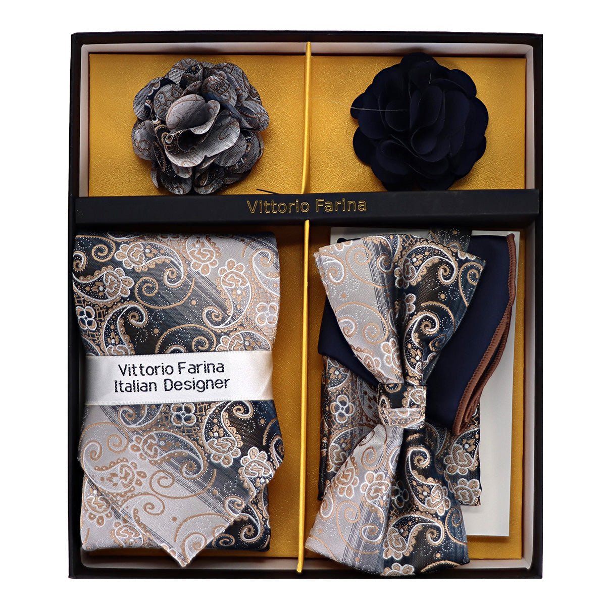 Vittorio Farina Men's Design Necktie, Bow Tie, Pocket Squares and Flower Lapel Pin in a Gift Box