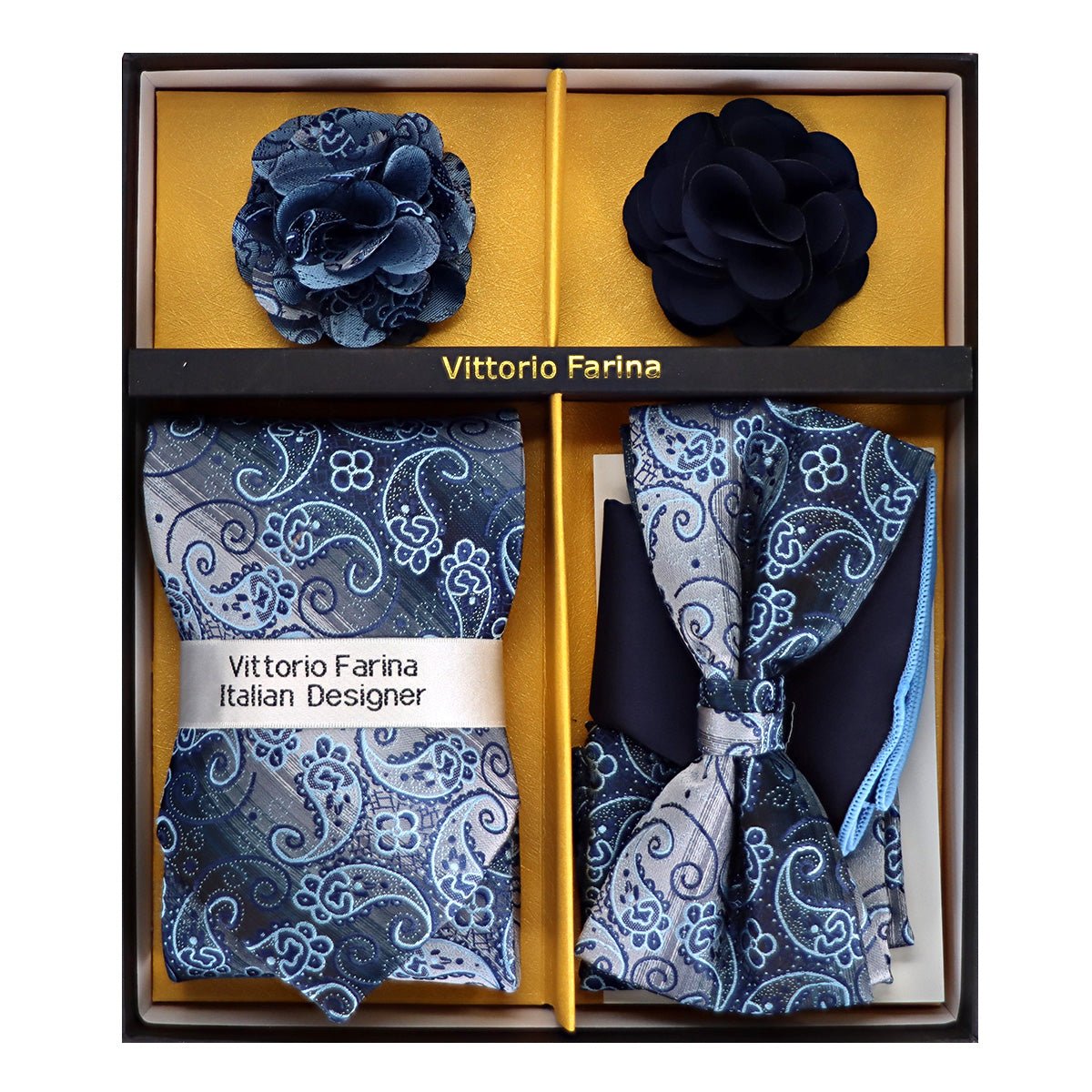 Vittorio Farina Men's Design Necktie, Bow Tie, Pocket Squares and Flower Lapel Pin in a Gift Box