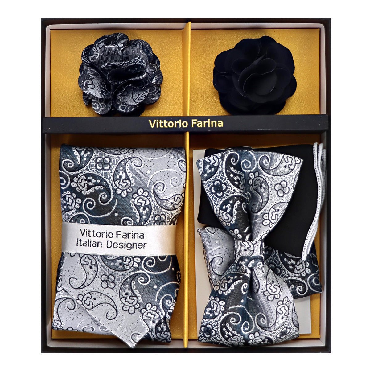 Vittorio Farina Men's Design Necktie, Bow Tie, Pocket Squares and Flower Lapel Pin in a Gift Box
