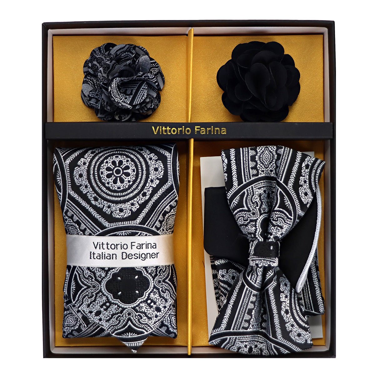 Vittorio Farina Men's Design Necktie, Bow Tie, Pocket Squares and Flower Lapel Pin in a Gift Box