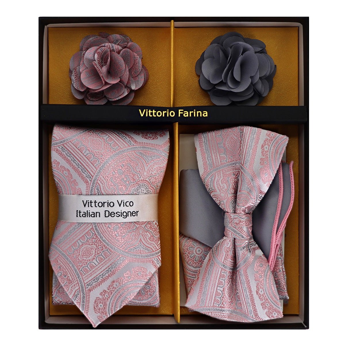Vittorio Farina Men's Design Necktie, Bow Tie, Pocket Squares and Flower Lapel Pin in a Gift Box