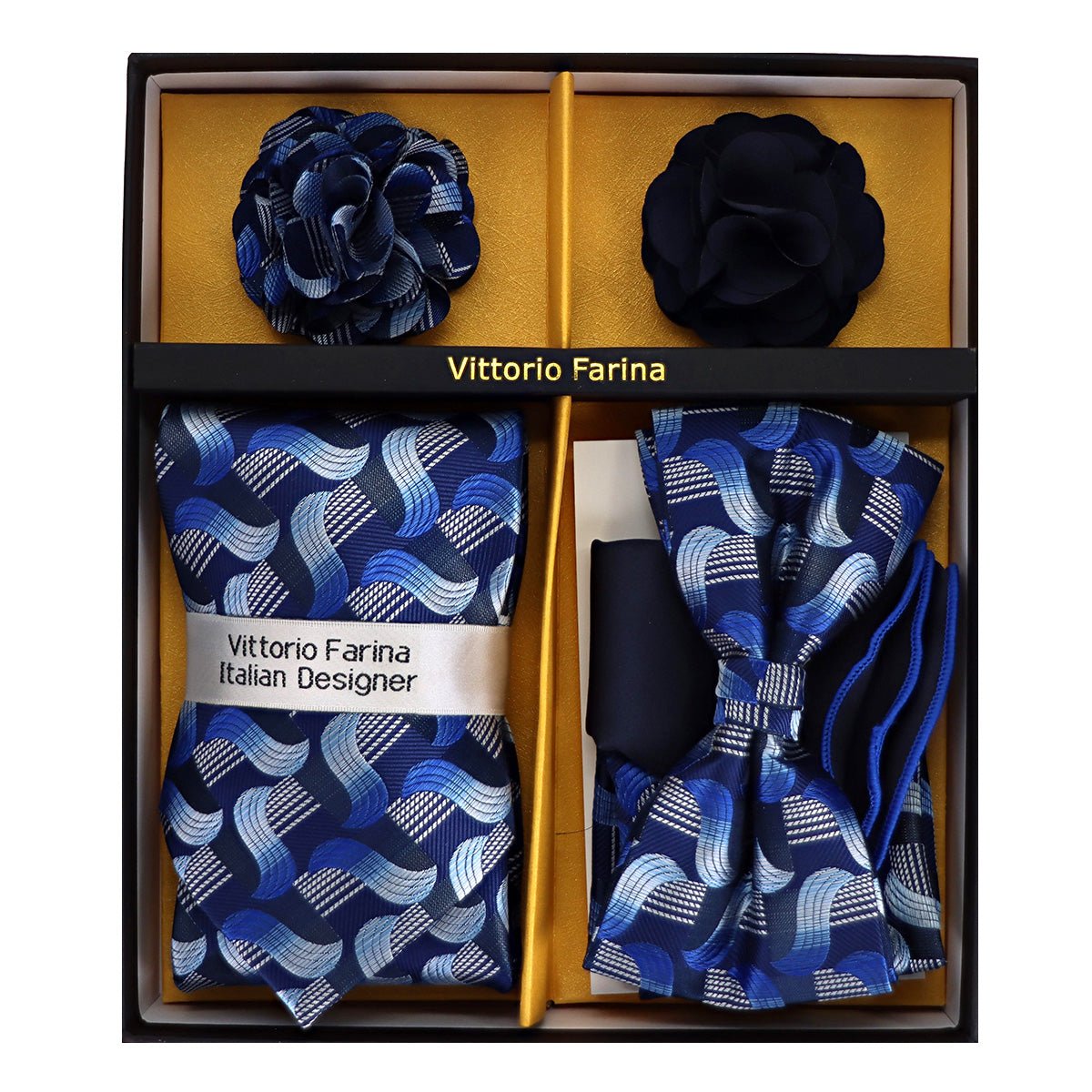 Vittorio Farina Men's Design Necktie, Bow Tie, Pocket Squares and Flower Lapel Pin in a Gift Box