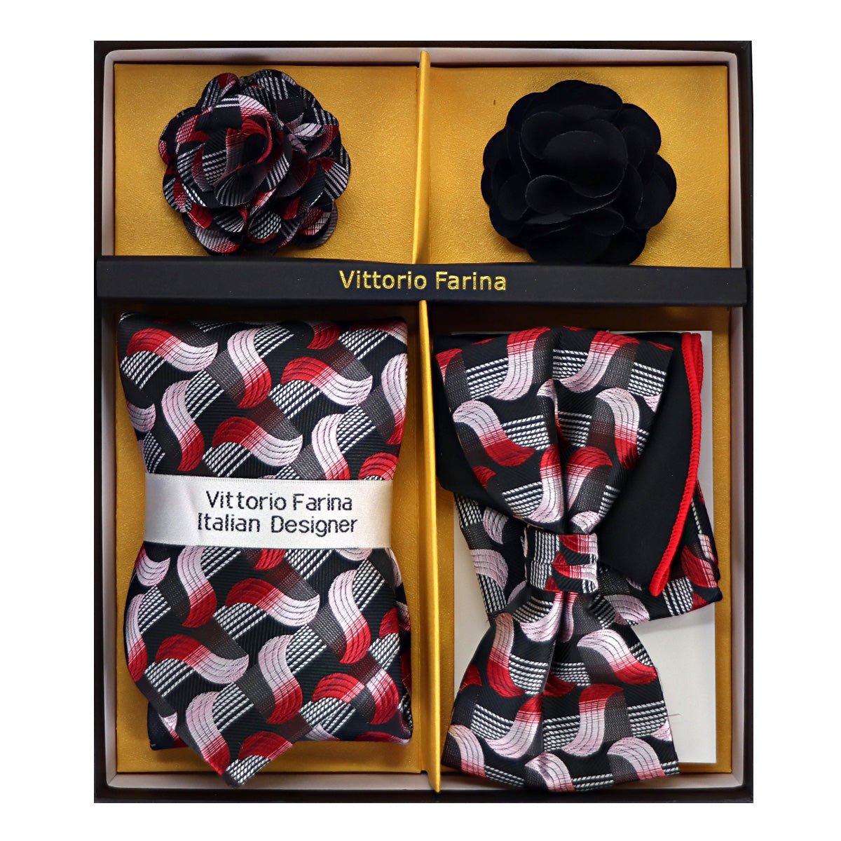 Vittorio Farina Men's Design Necktie, Bow Tie, Pocket Squares and Flower Lapel Pin in a Gift Box