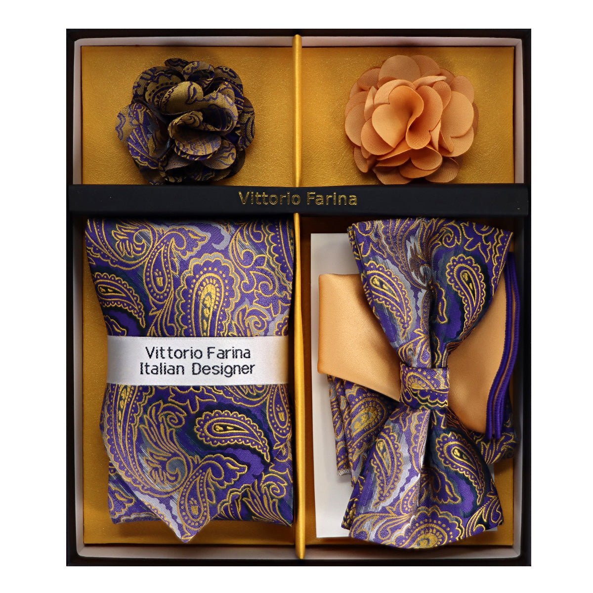 Vittorio Farina Men's Design Necktie, Bow Tie, Pocket Squares and Flower Lapel Pin in a Gift Box
