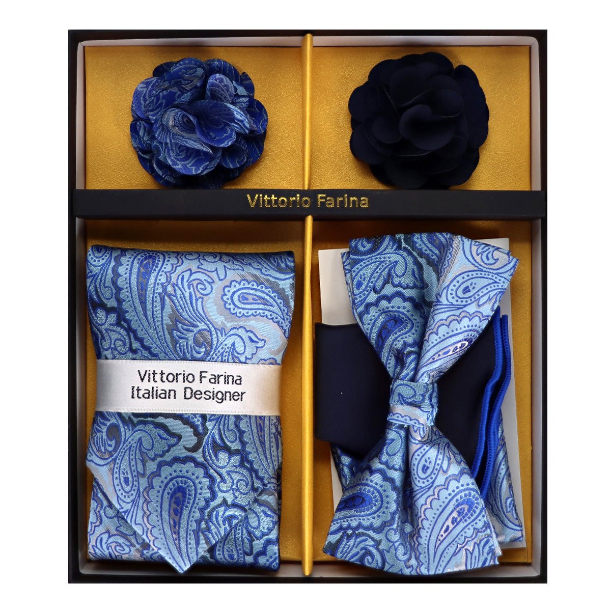Vittorio Farina Men's Design Necktie, Bow Tie, Pocket Squares and Flower Lapel Pin in a Gift Box
