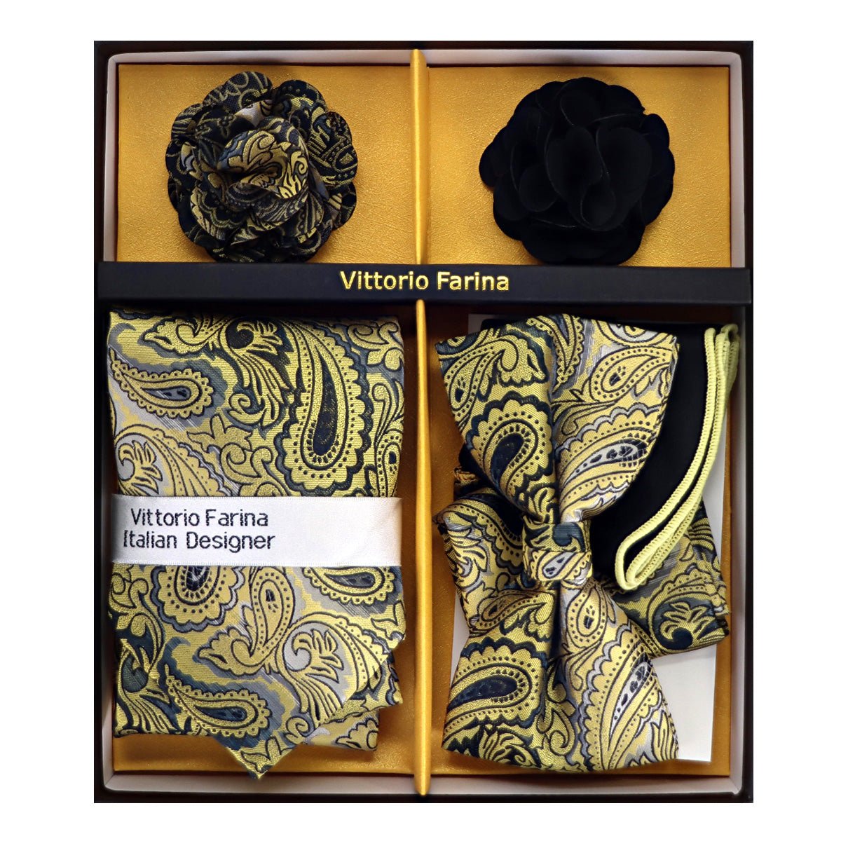 Vittorio Farina Men's Design Necktie, Bow Tie, Pocket Squares and Flower Lapel Pin in a Gift Box