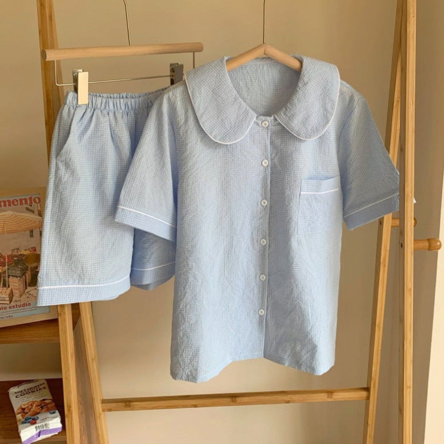 Gingham Blue Short Sleeves and Shorts Pajama Set