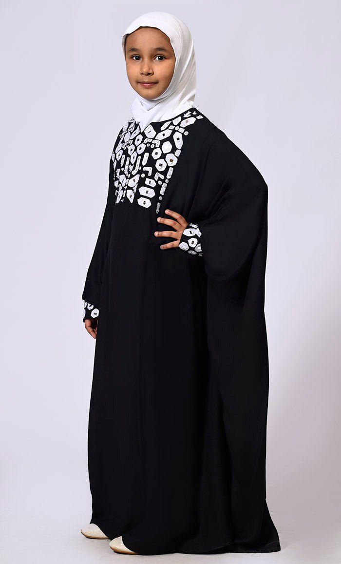 Girls Black Kaftan Abaya with Mirror Work Embroidery and Inside Belt