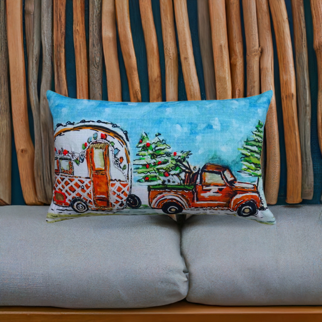 Hand Illustrated Christmas Cravan Holiday Pillow (14"X20")