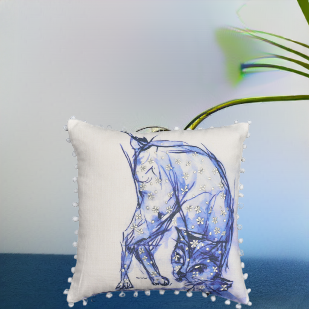 Blue Decorative Pillow with Pom-Poms Cat 18"x18"