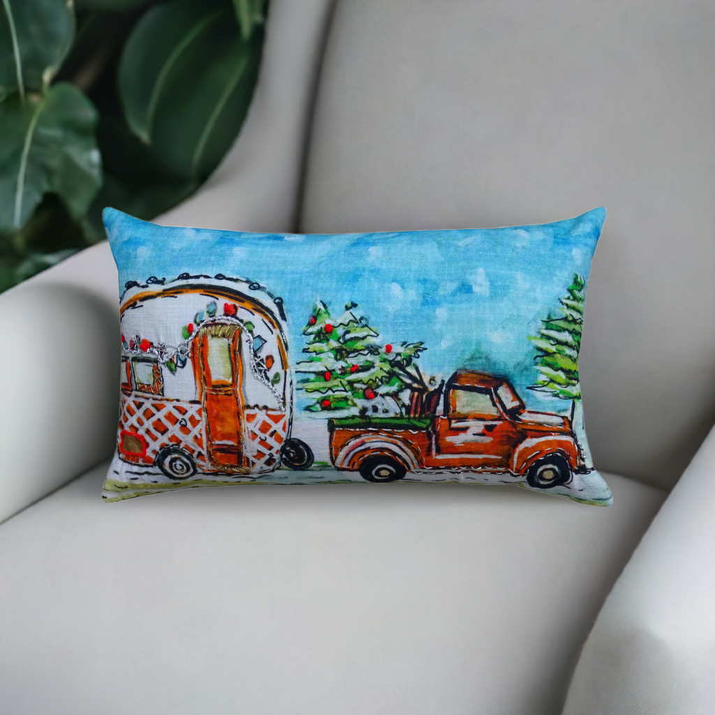 Hand Illustrated Christmas Cravan Holiday Pillow (14"X20")