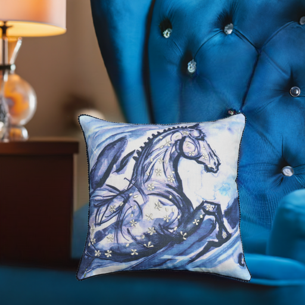 Embroidered 18"x18" Blue Decorative Pillow (Horse)
