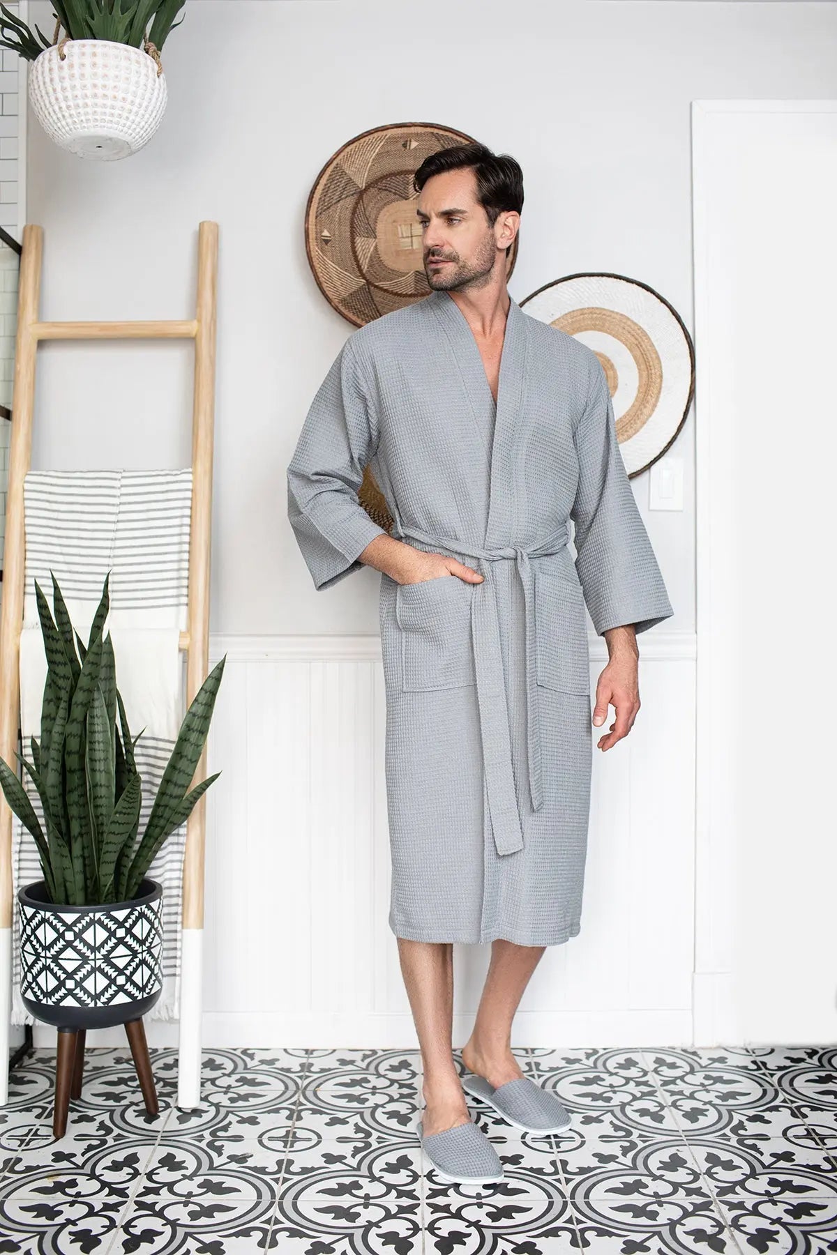 Waffle Kimono Spa Bathrobe for Men - Absorbent, Lightweight - Concordia Style Boutique