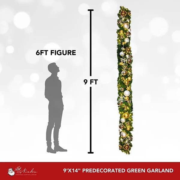 9'x14" Pre-Decorated Garland with Warm White Lights Gold/Silver