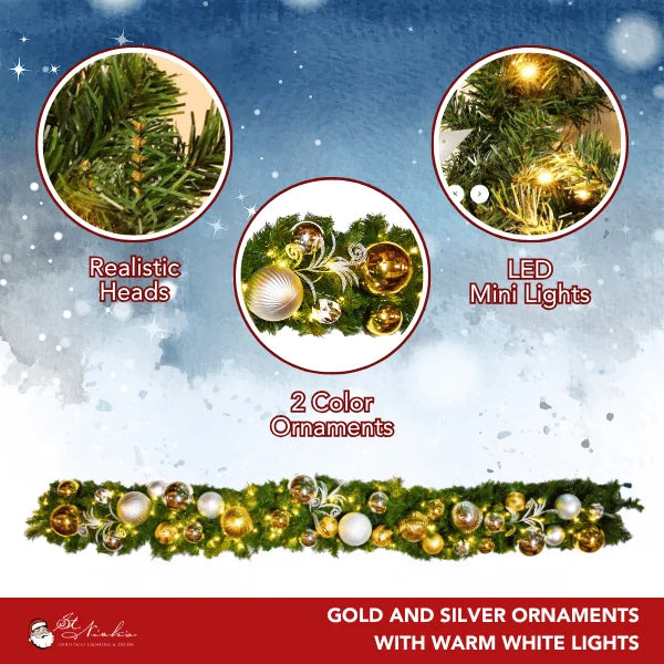 9'x14" Pre-Decorated Garland with Warm White Lights Gold/Silver