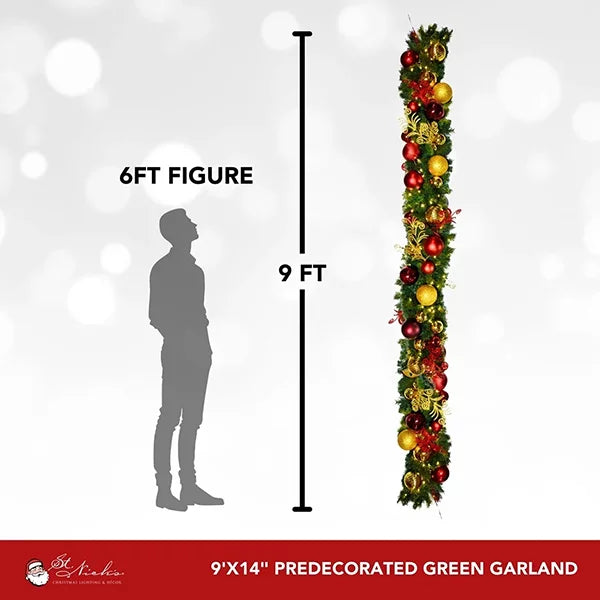 9'x14" Pre-Decorated Garland with Warm White Lights Red/Gold/Burgundy