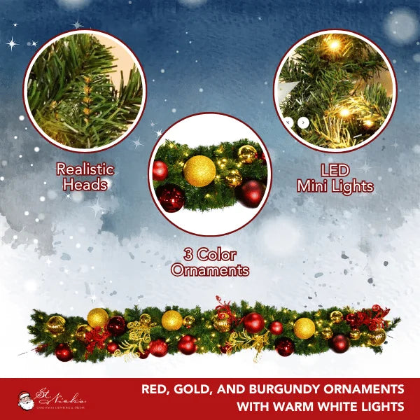 9'x14" Pre-Decorated Garland with Warm White Lights Red/Gold/Burgundy