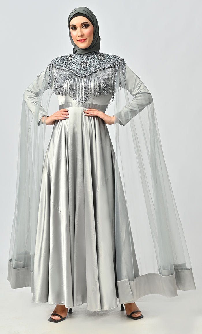 Grey Detailed Hand And Machine Embroidery Abaya With Heavy Tassels - Final Sale