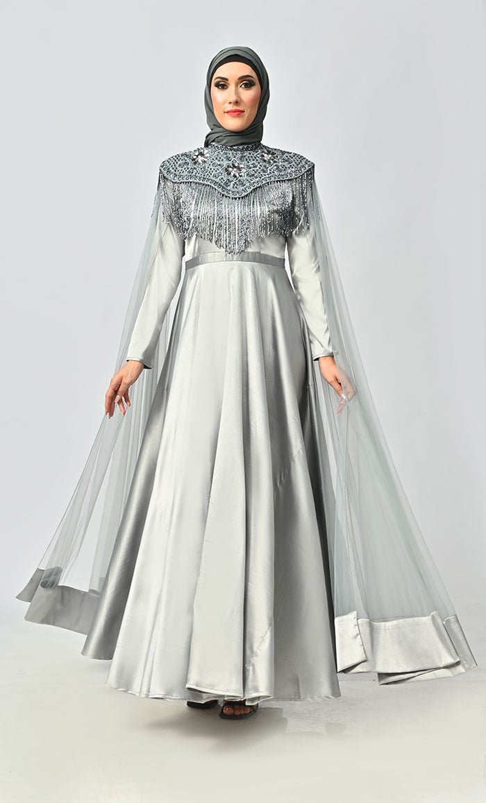 Grey Detailed Hand And Machine Embroidery Abaya With Heavy Tassels - Final Sale