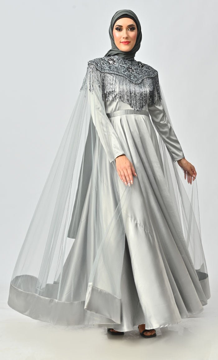 Grey Detailed Hand And Machine Embroidery Abaya With Heavy Tassels - Final Sale
