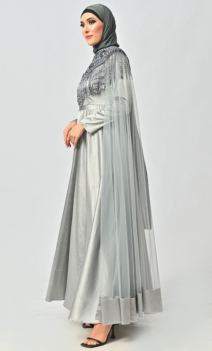 Grey Detailed Hand And Machine Embroidery Abaya With Heavy Tassels - Final Sale