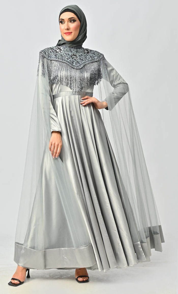 Grey Detailed Hand And Machine Embroidery Abaya With Heavy Tassels - Final Sale
